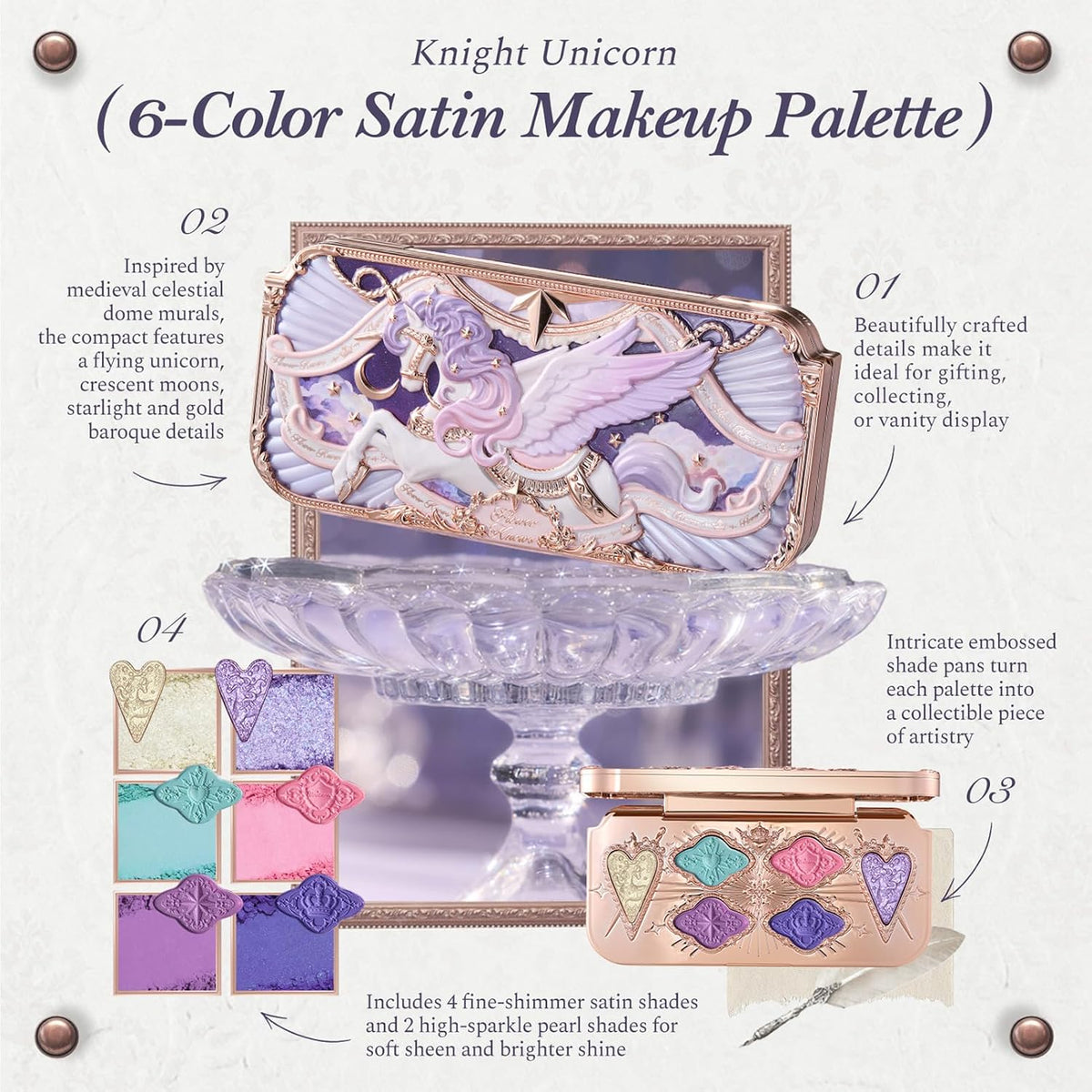 Flower Knows Knight Unicorn - Paleta de maquillaje satinado de 6 co...