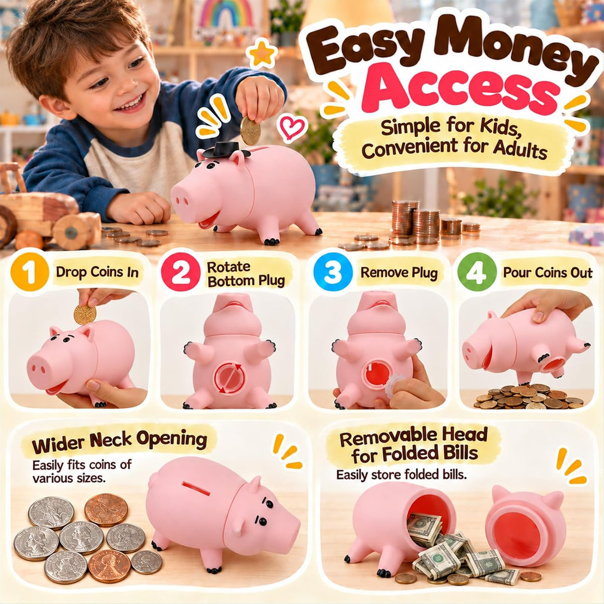 Alcancía irrompible para niños y niñas, hucha rosa grande con sombr...