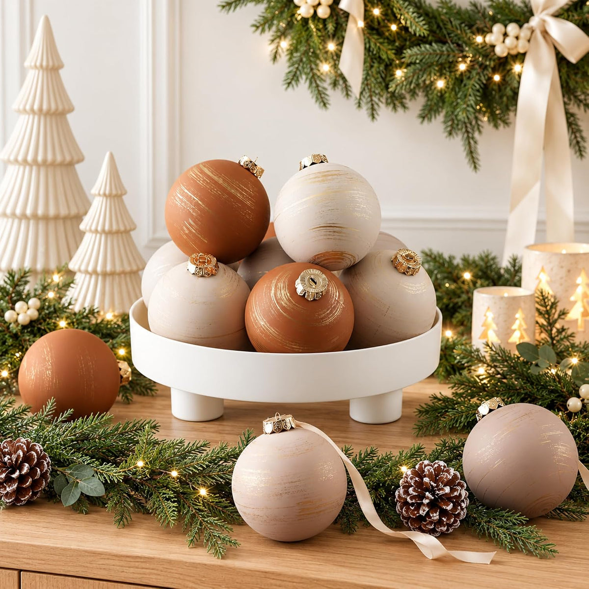 Yunlly - 12 adornos de Navidad neutros 2026, color beige marfil car...