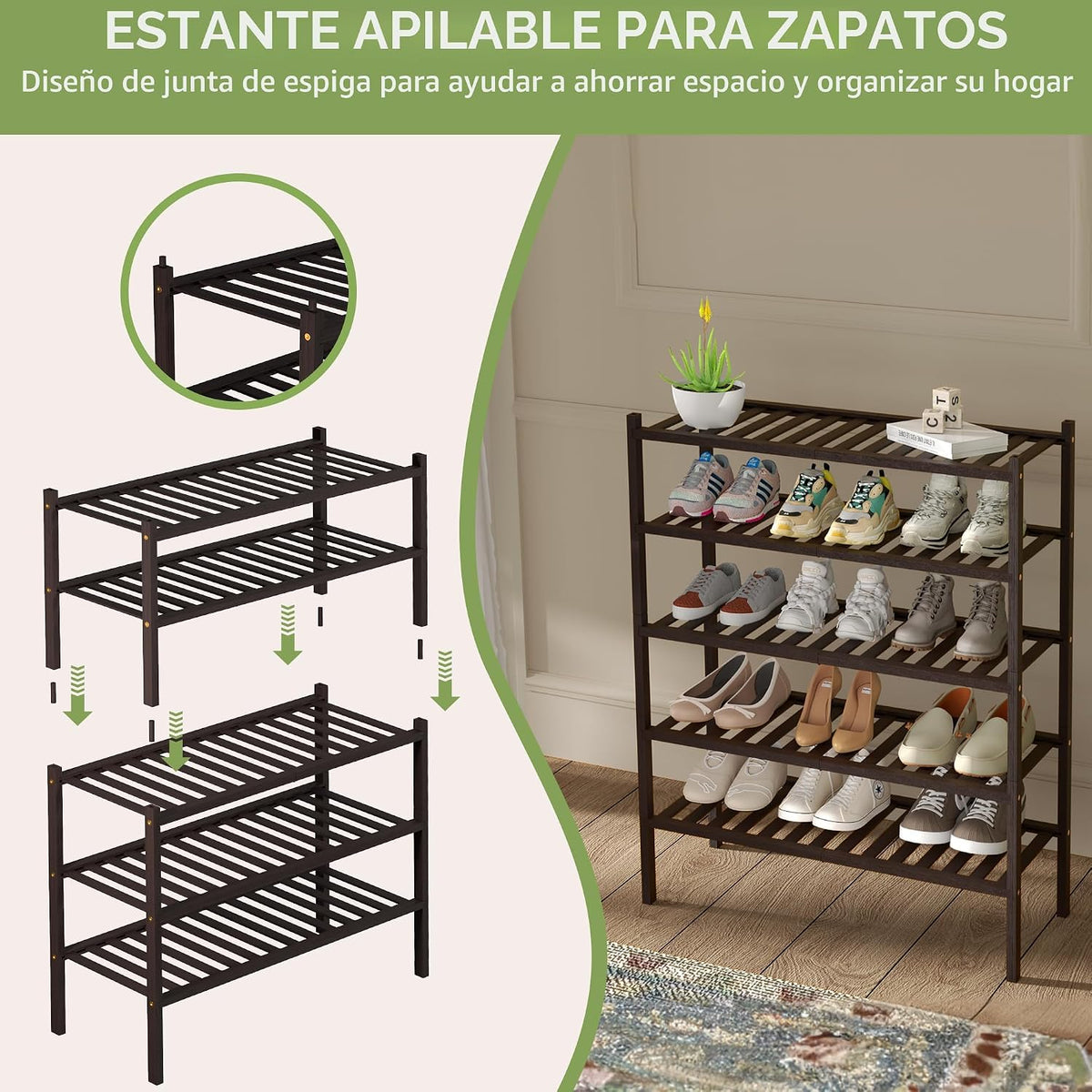 ROMGUAR CRAFT - Zapatera de bambú de 3 niveles para armario, estant...