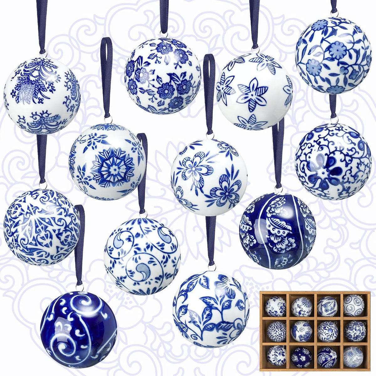 Cindeer - 12 bolas de porcelana de Navidad azules y blancas, estilo...