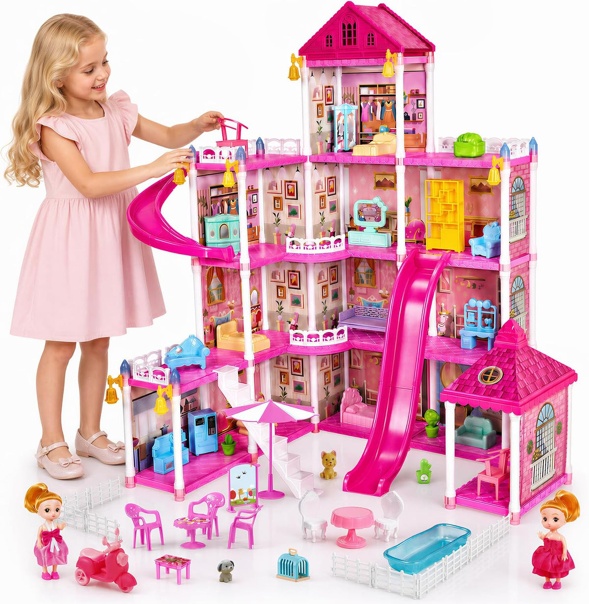 KLADNDER Casa de muñecas de 4 pisos con 12 habitaciones para niñas,...