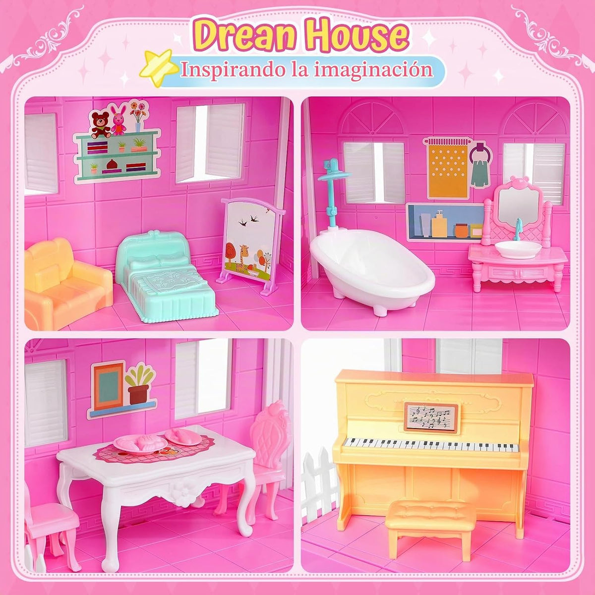 TUZT Casa de muñecas de 4 pisos con piscina y tobogán, figuras de j...