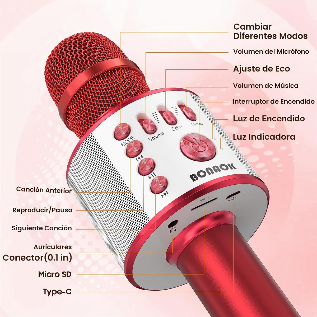 BONAOK Micrófono inalámbrico Bluetooth de karaoke, micrófono portát...