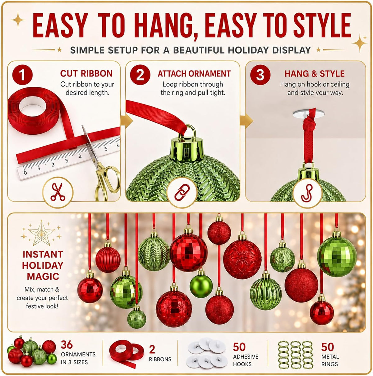 Relaxgiant - 36 bolas de Navidad para techo, rojo, verde lima | Tam...