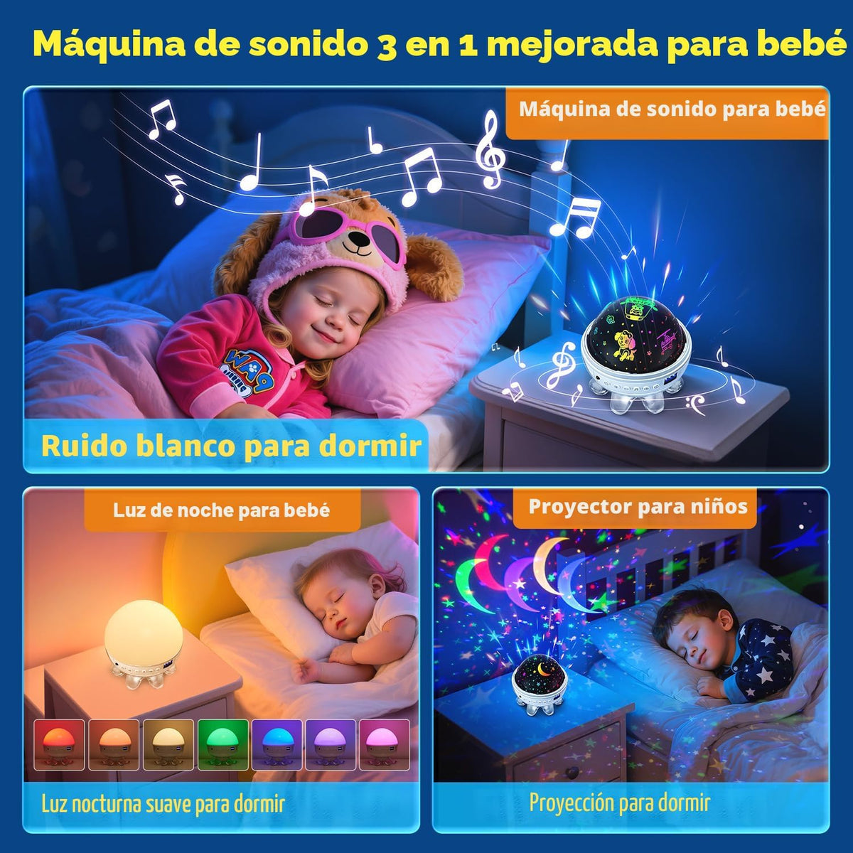 Máquina de sonido para bebés para niños, proyector de luz nocturna...