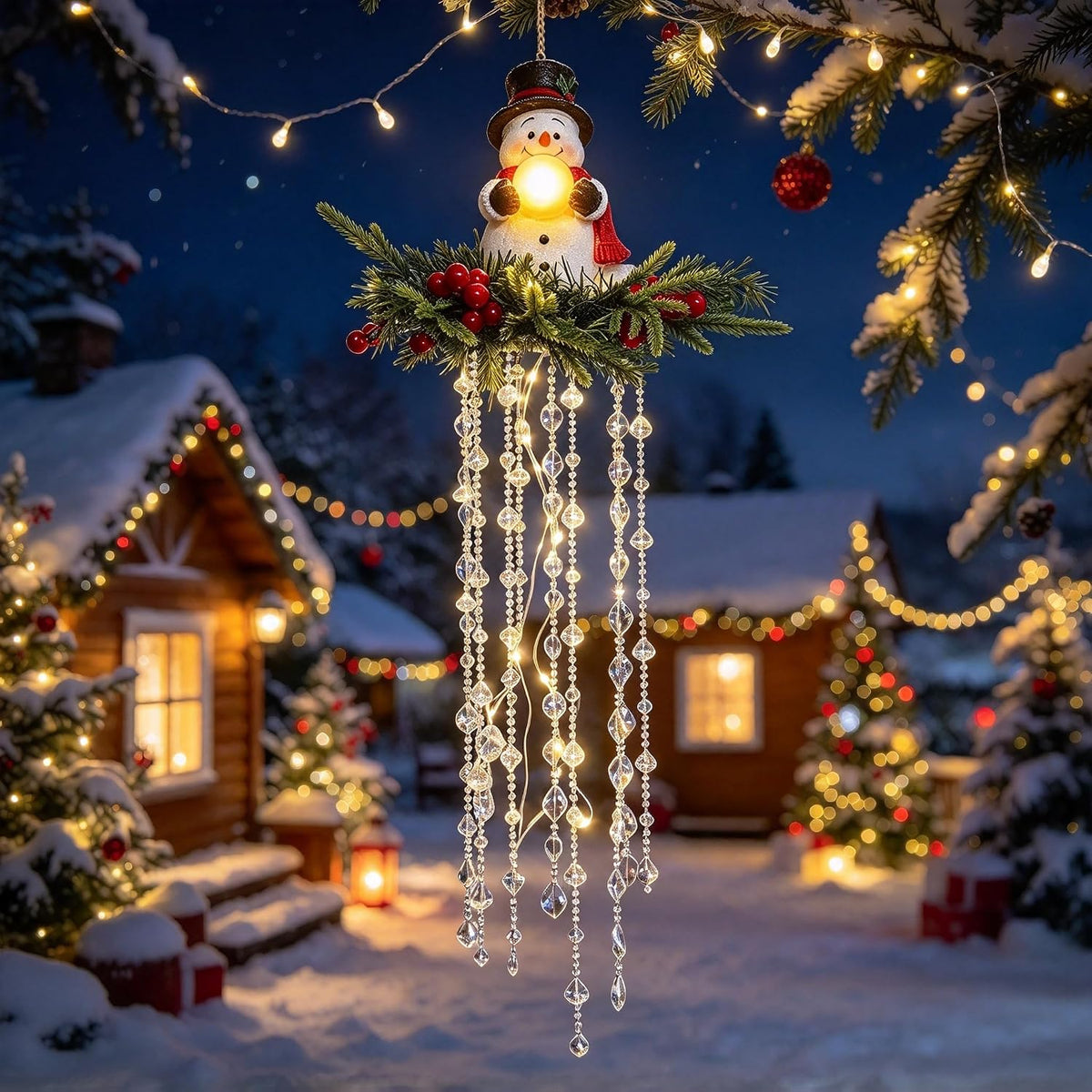 Luz de Navidad en cascada de cristal, copo de nieve colgante y deco...