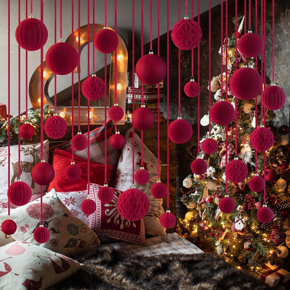 Relaxgiant 36 bolas de Navidad para techo, terciopelo burdeos | Tam...