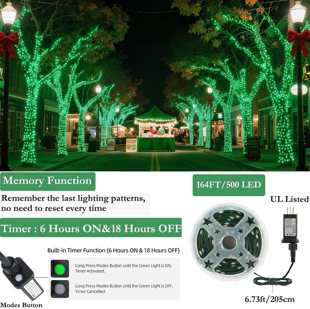 Tcamp 500 luces LED verdes de Navidad de 164 pies, 8 modos, tempori...