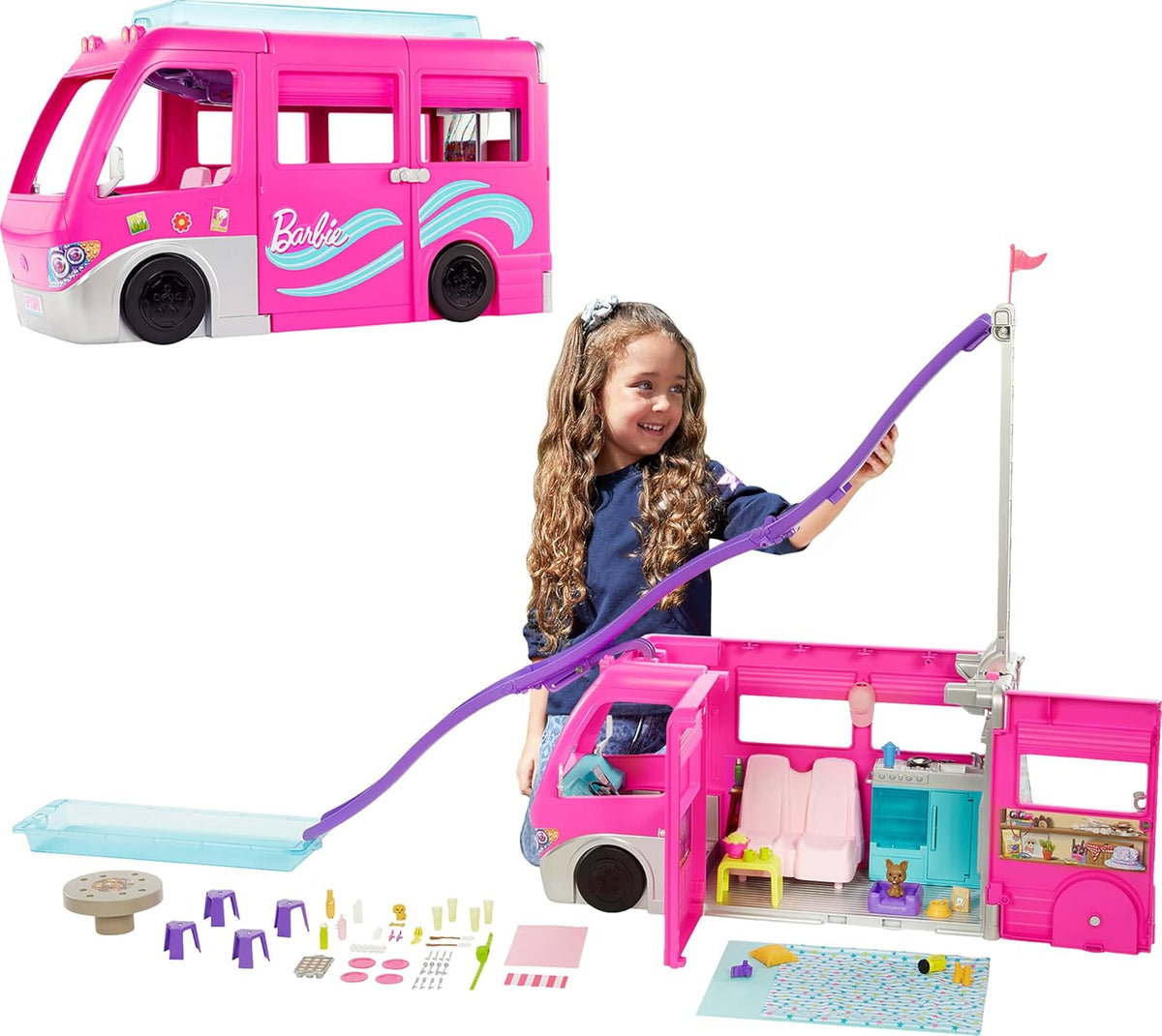 Barbie DreamCamper Playset y accesorios de camping | Incluye tobogá...