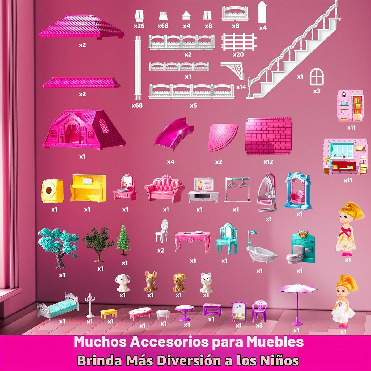 JUKUDAHU Juego de villa para niñas de 3 a 7 años, 4 plantas, 11 hab...