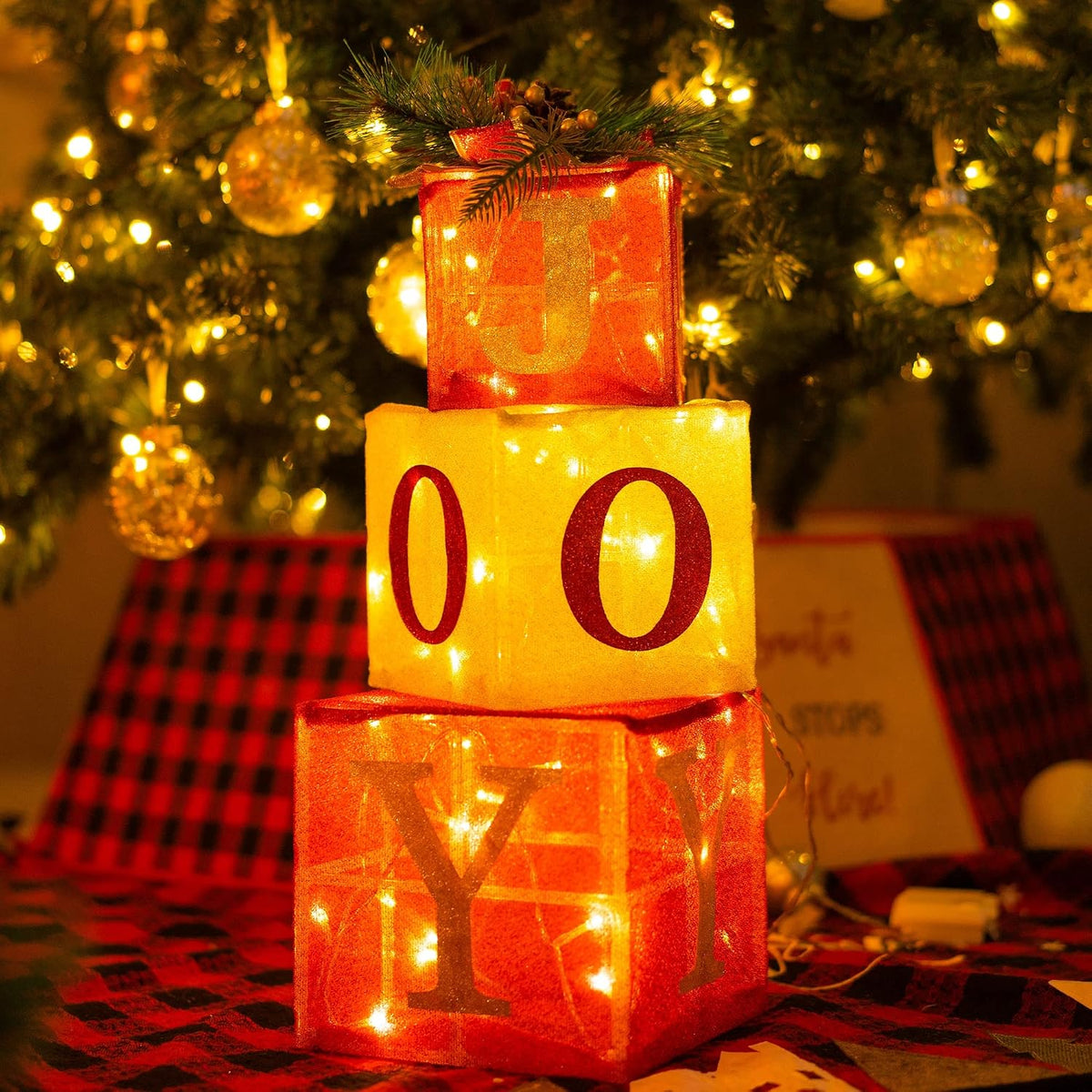 Hourleey Juego de 3 cajas de regalo iluminadas de Navidad, 60 luces...