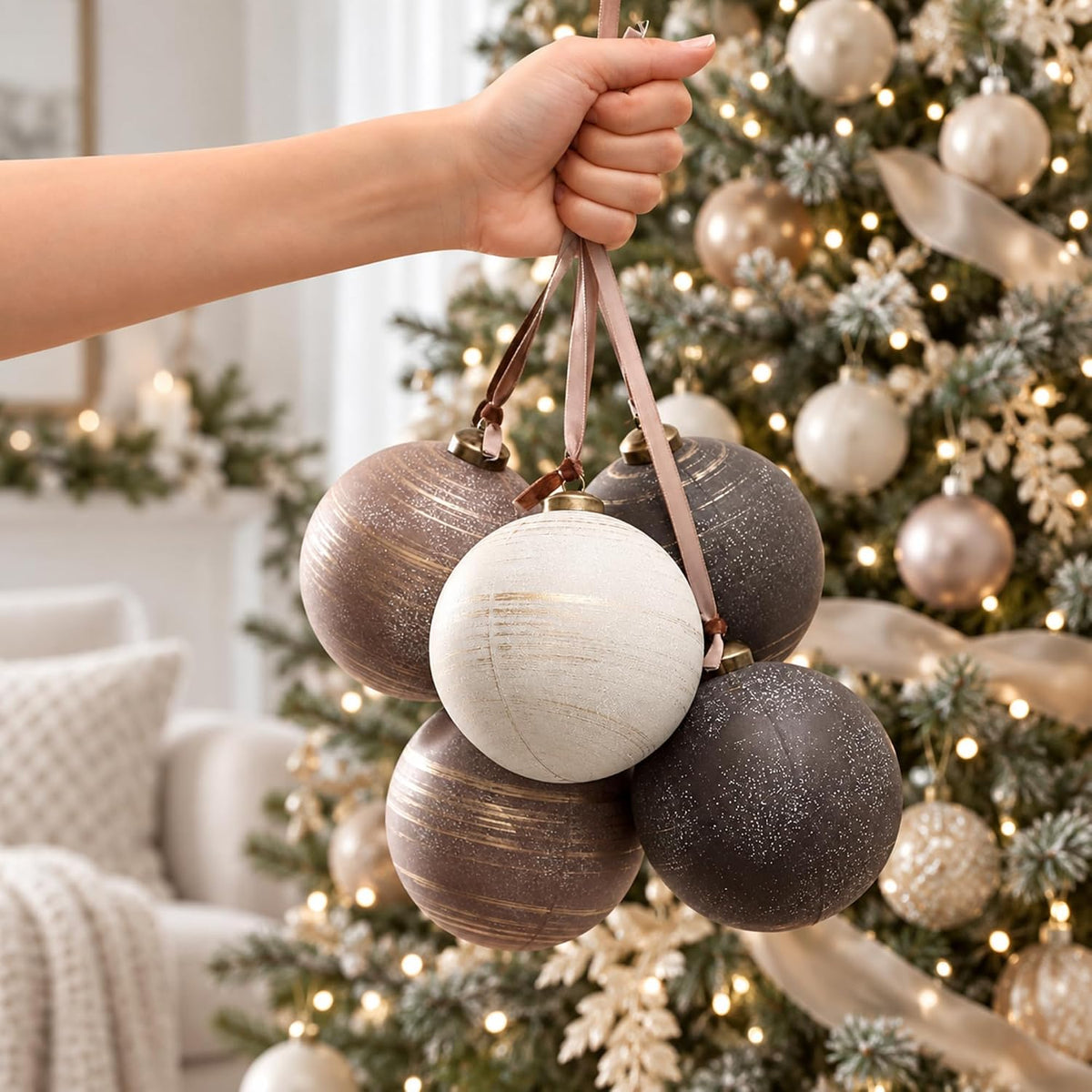 Yunlly 12 adornos de Navidad neutros, bronce gris pardo marfil, 4 p...