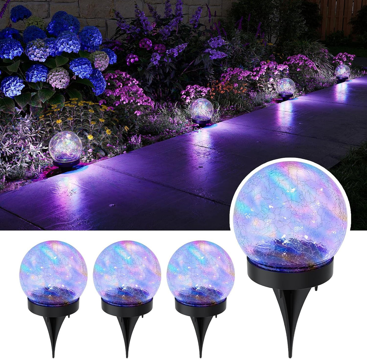 GVSHINE Paquete de 4 luces de bola de vidrio agrietado multicolor d...