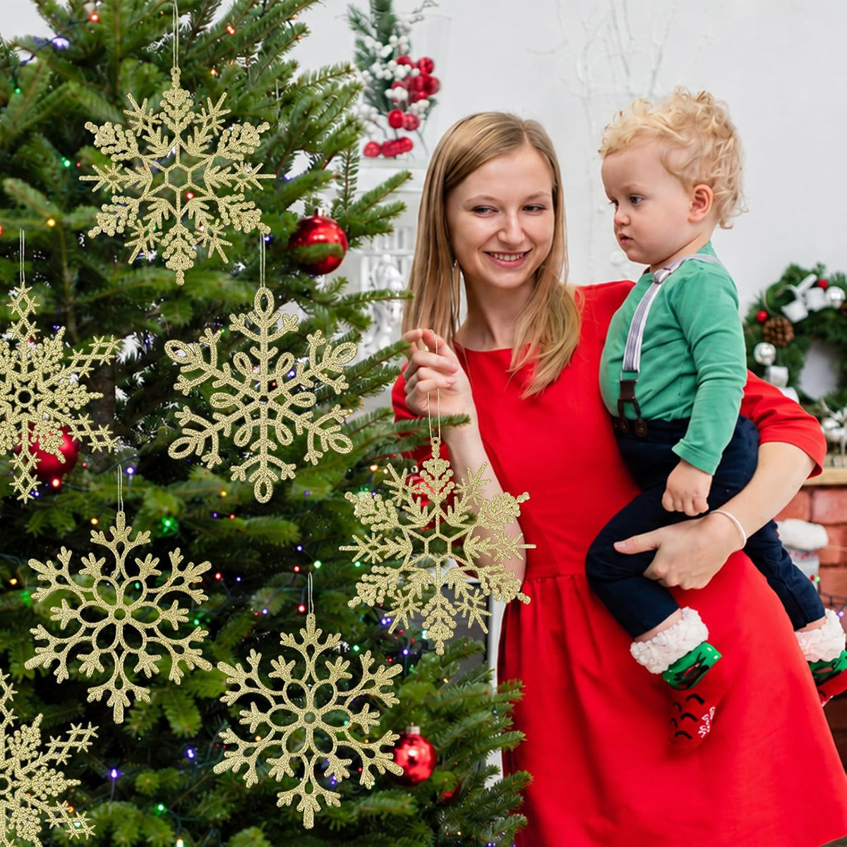 12 adornos grandes de copos de nieve de Navidad, adornos de copos d...