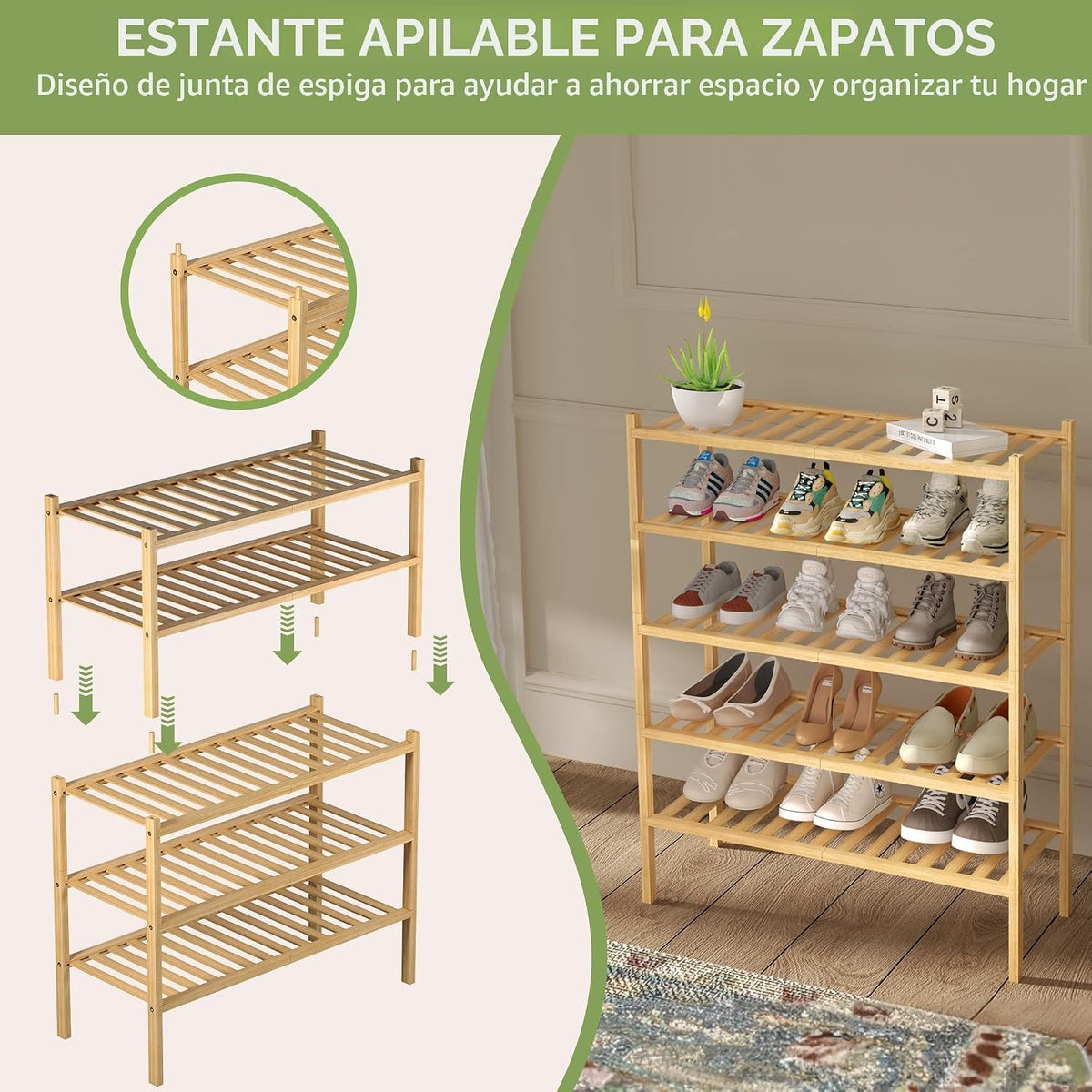 ROMGUAR CRAFT - Zapatera de bambú de 2 niveles para armario, estant...