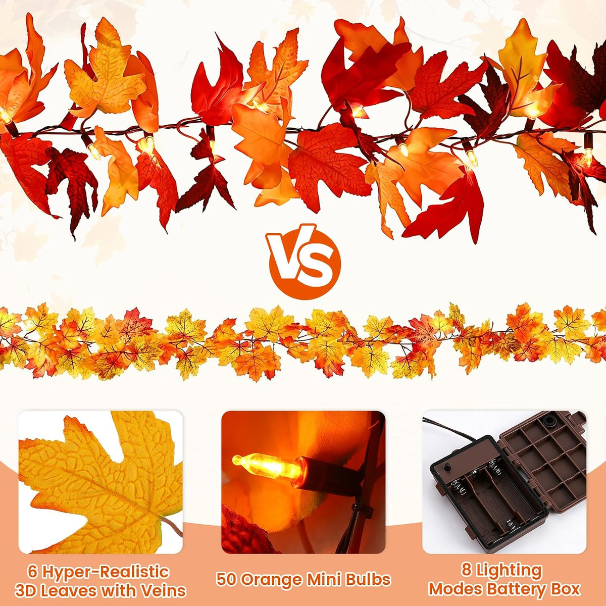 Ucutely Temporizador - Guirnalda de otoño de 50 LED con luces de 12...