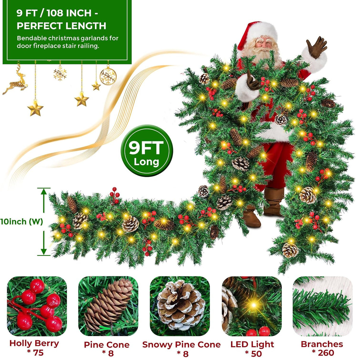 Mduvoz Guirnalda de Navidad, guirnalda de Navidad preiluminada de 9...