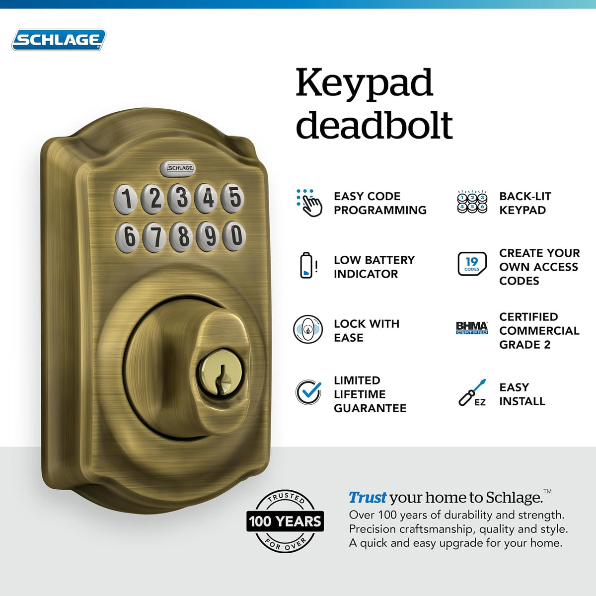 Schlage Cerradura de cerrojo de teclado electrónico, borde Camelot...