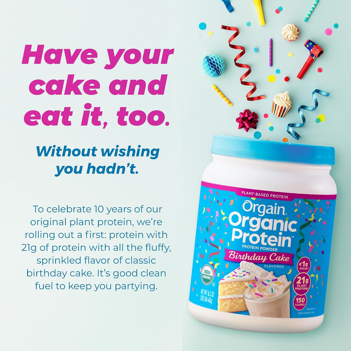 Orgain Proteína vegana orgánica en polvo, pastel de cumpleaños, 0.7...