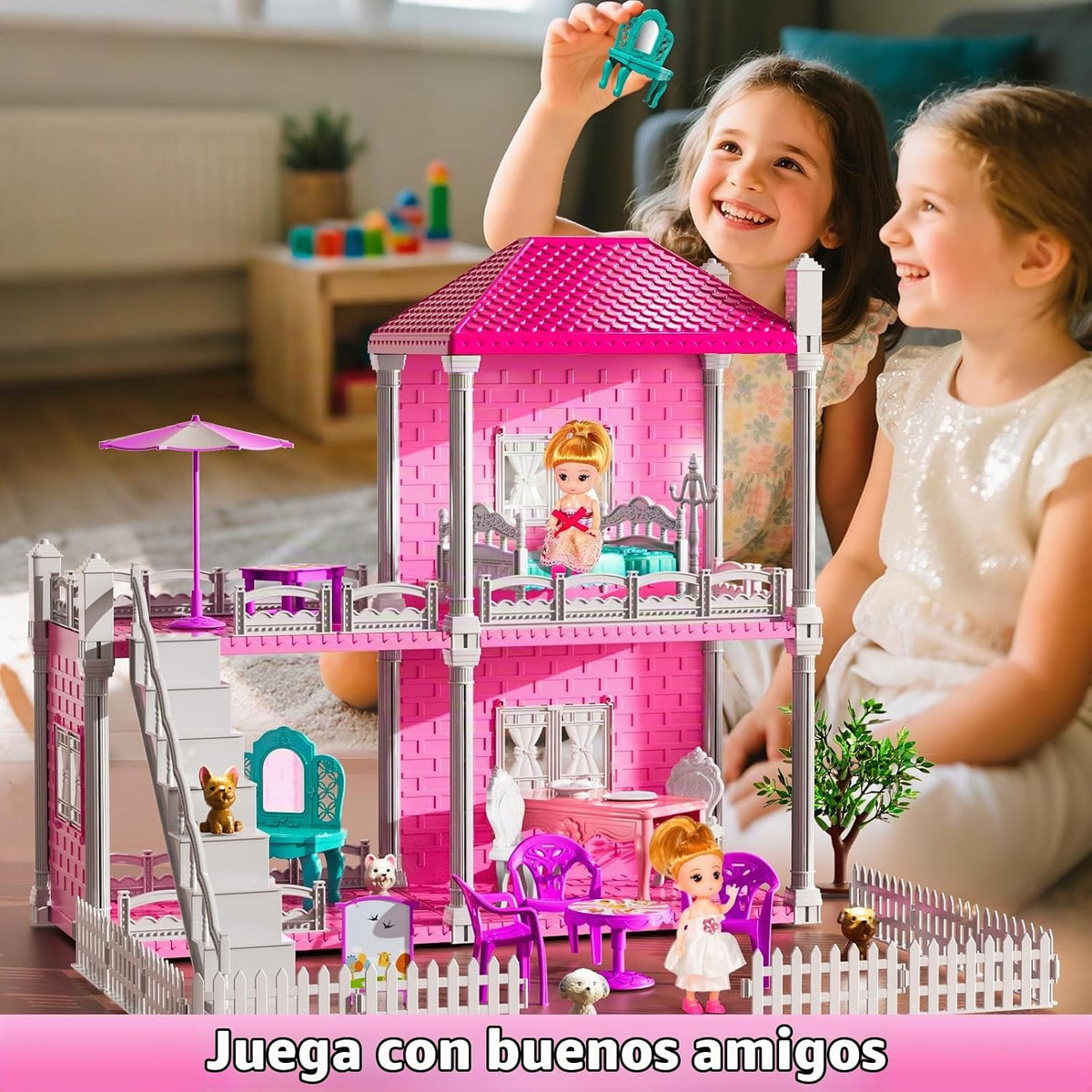 JUKUDAHU Juego de villa para niñas de 3 a 7 años, con 2 plantas, 3...