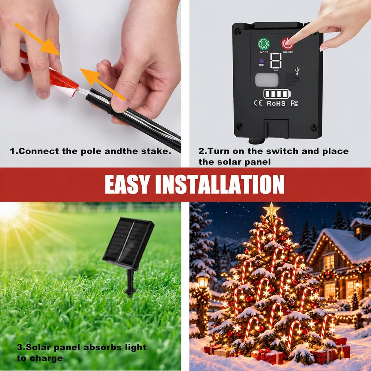 Paquete de 10 luces solares de bastón de caramelo con estrellas | E...