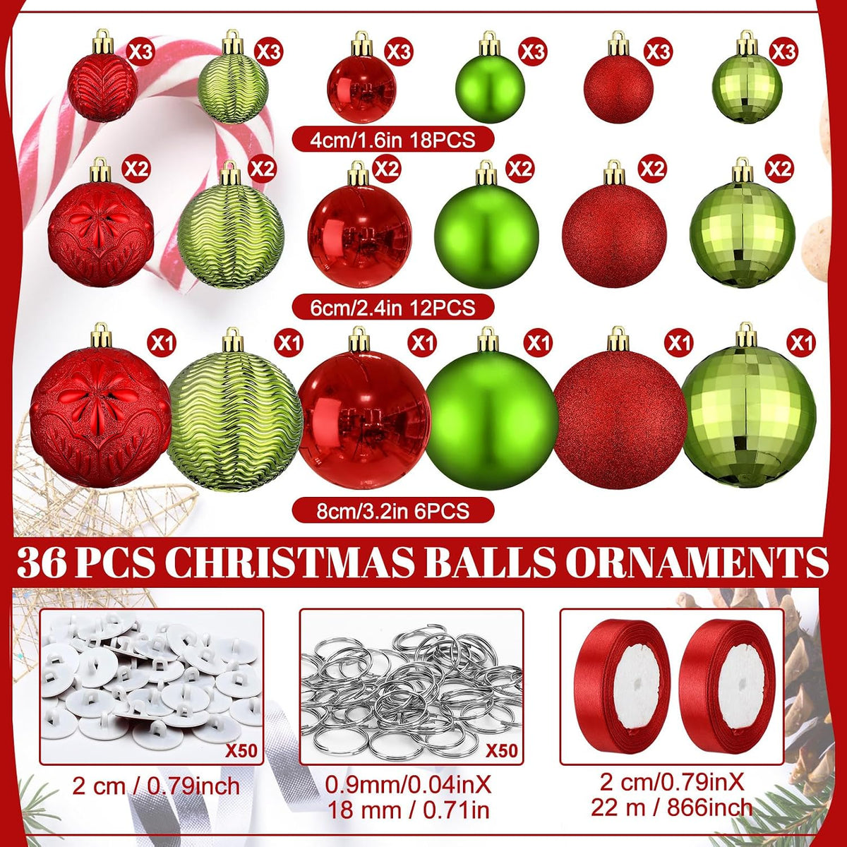 Relaxgiant - 36 bolas de Navidad para techo, rojo, verde lima | Tam...