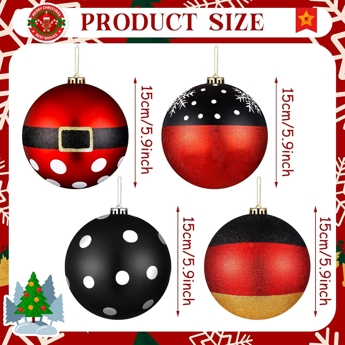 Tigeen 4 bolas de Navidad de ratón grande de 6 pulgadas para decora...