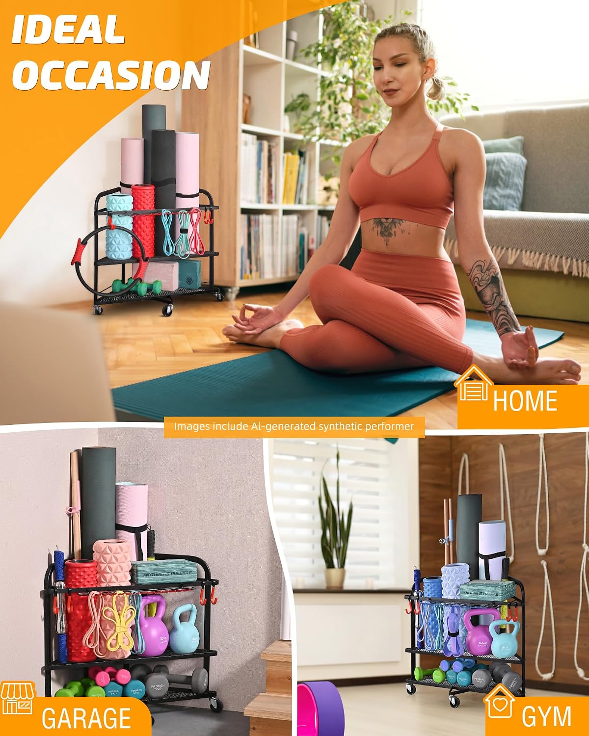 PLKOW Estante de almacenamiento para gimnasio en casa con ruedas, e...