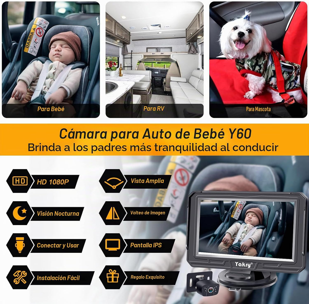 Yakry Cámara de coche de bebé para asiento trasero - HD 1080P, gran...