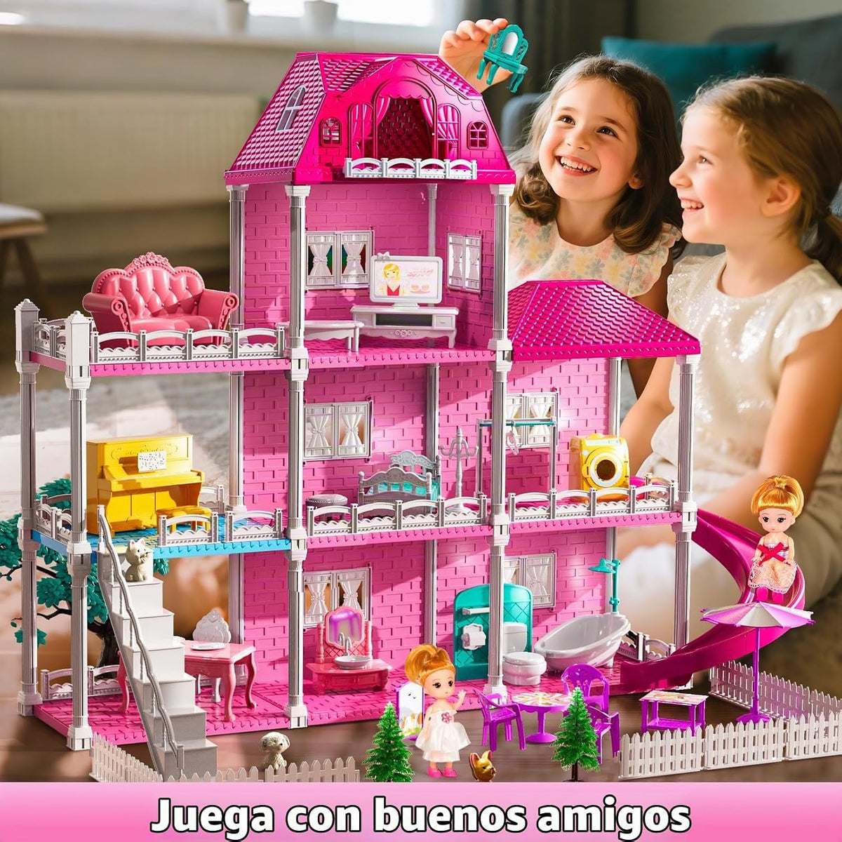 JUKUDAHU Juego de villa para niñas de 3 a 7 años, con 3 pisos, 7 ha...