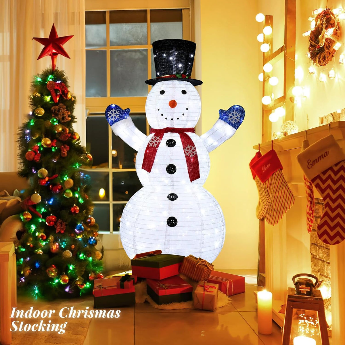 VINGLI Muñeco de nieve iluminado de 6 pies, 200 luces LED blancas c...