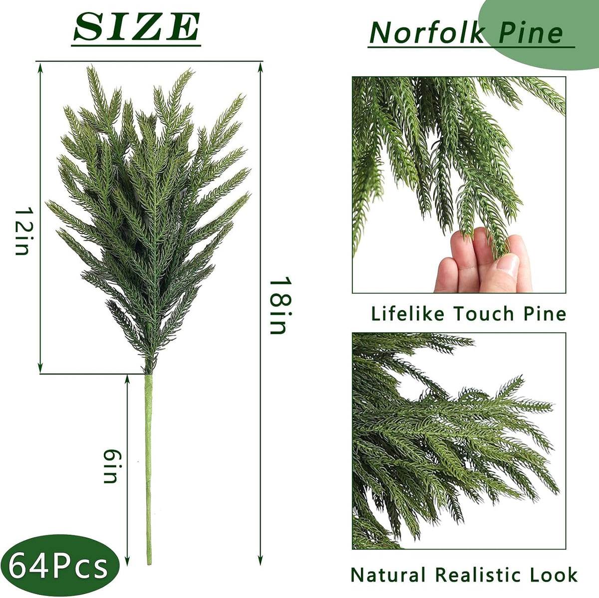 64 ramas de pino Norfolk artificiales de 18 pulgadas para jarrón de...