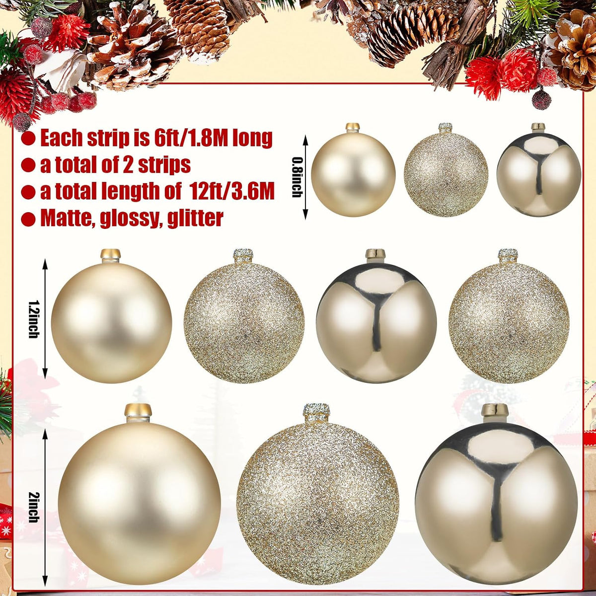Yuxung - 2 guirnaldas de bolas de Navidad de 6 pies, color dorado c...