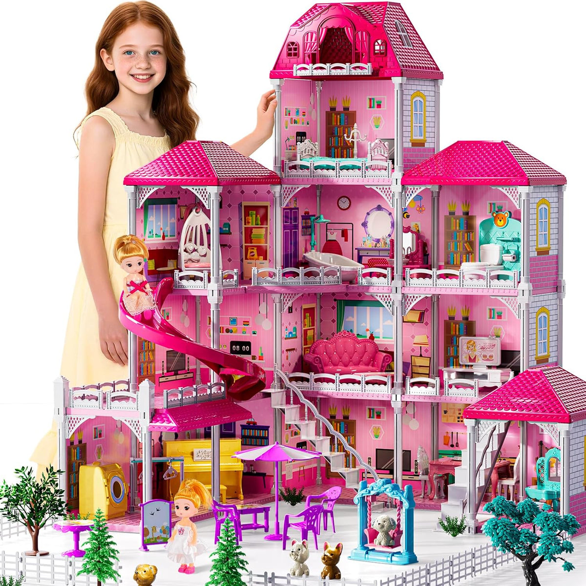 JUKUDAHU Juego de villa para niñas de 3 a 7 años, 4 pisos y 12 habi...
