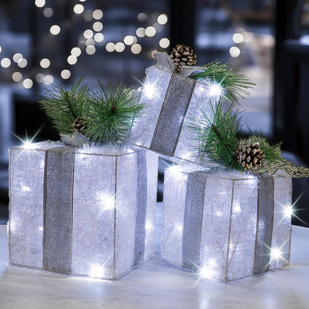 Hourleey - Juego de 3 cajas de regalo iluminadas de Navidad, 60 luc...