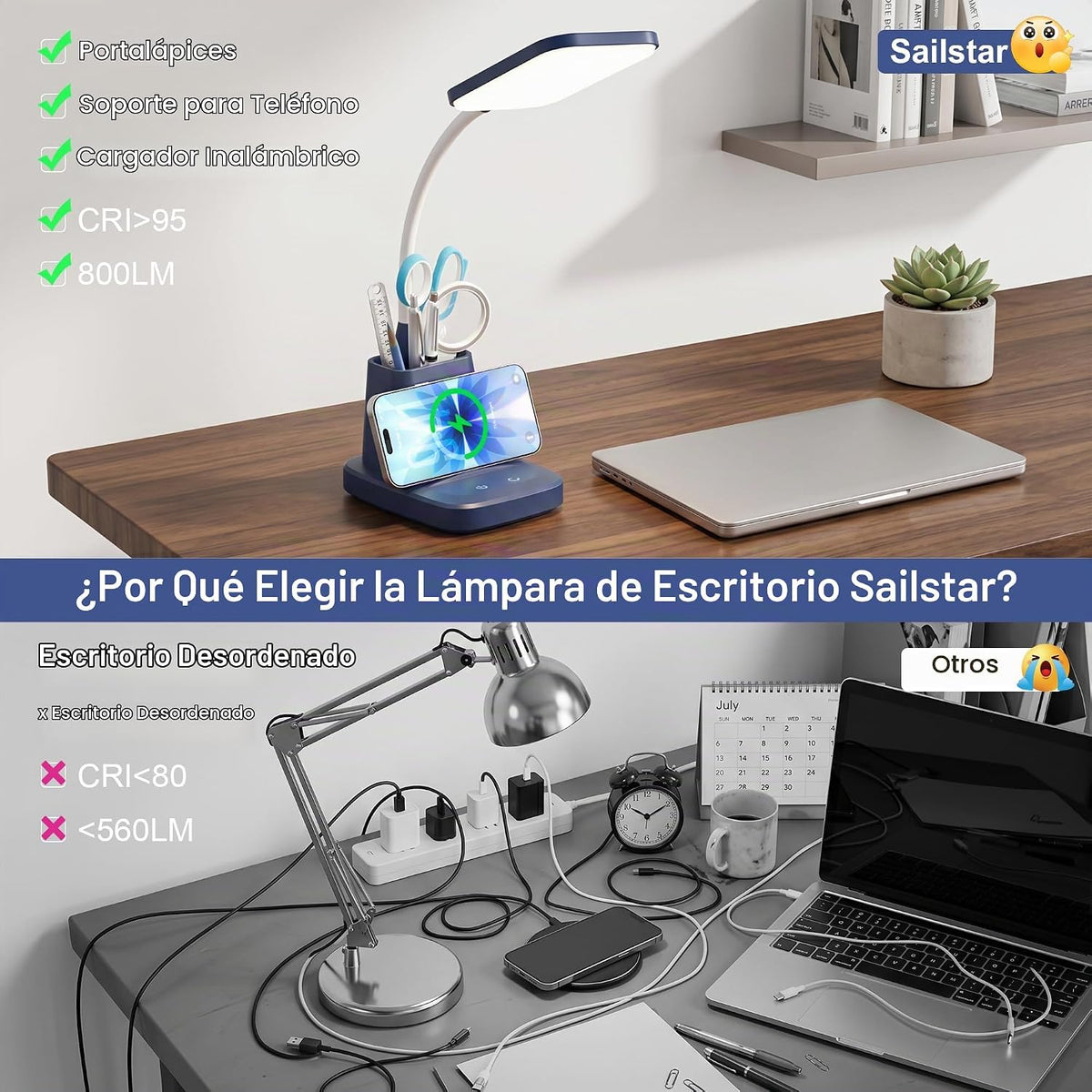 Sailstar Lámpara de escritorio LED con carga inalámbrica de 10 W y...