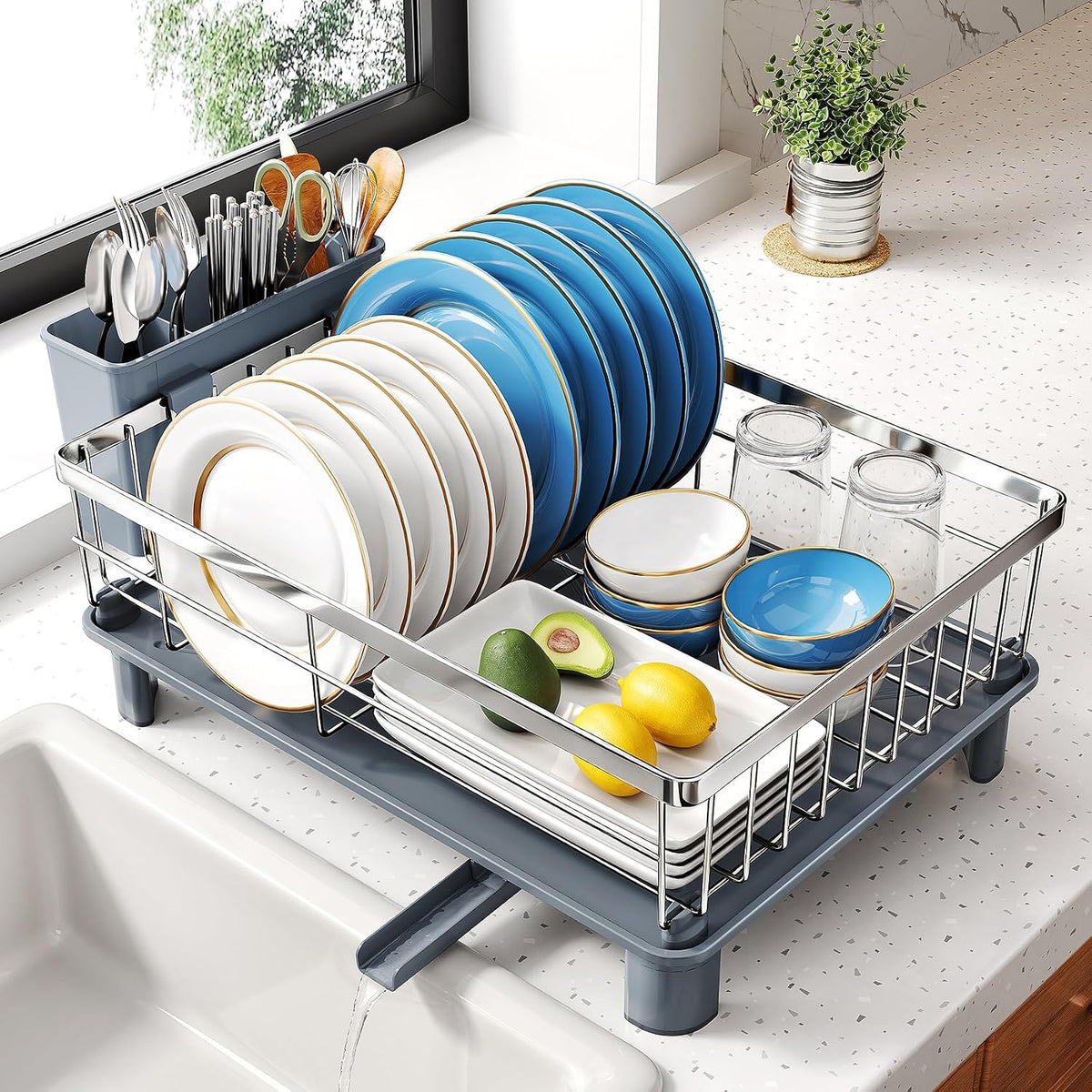 SNTD Escurridor de platos para encimera de cocina pequeña, 11 pulga...
