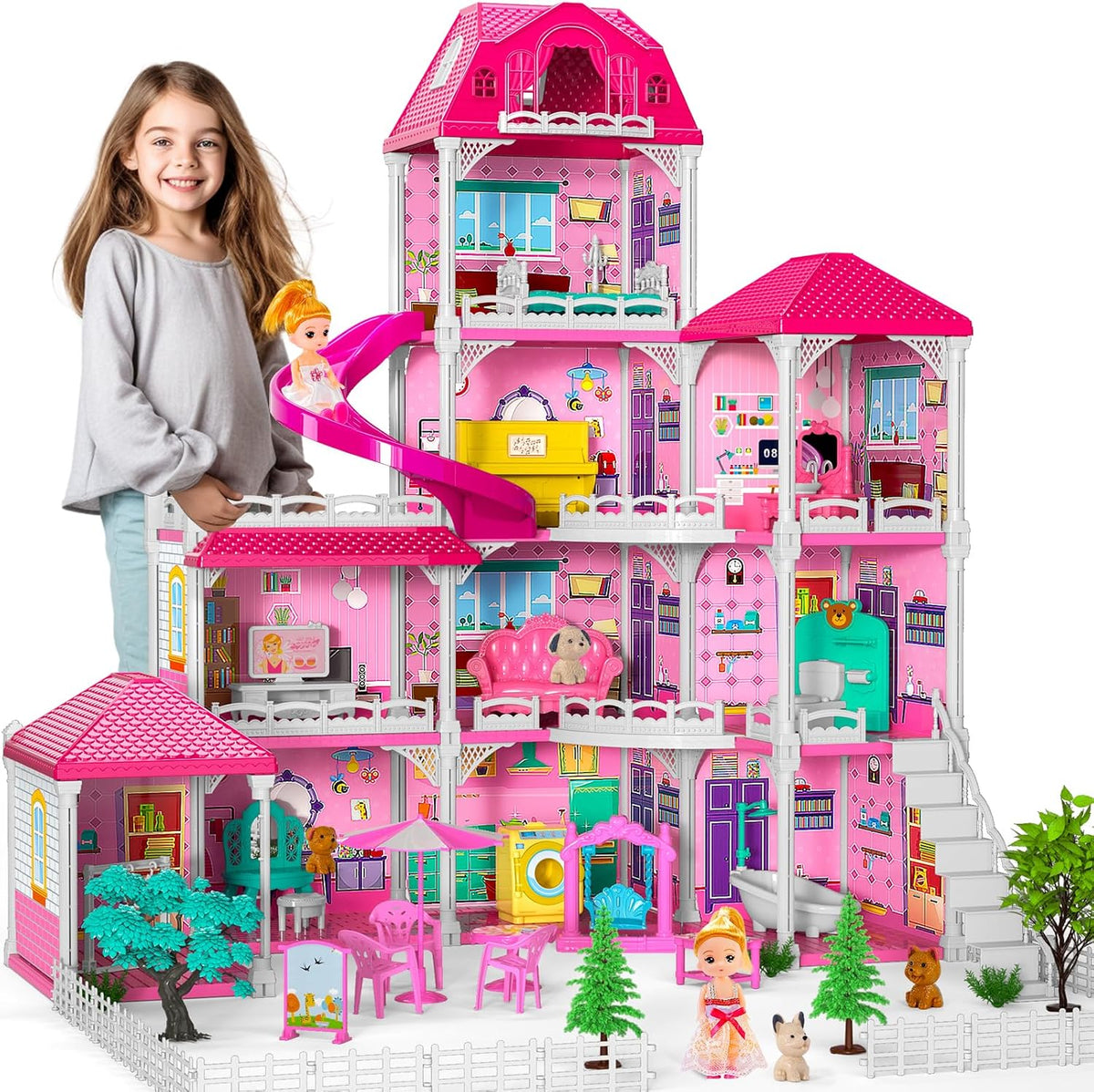 Doloowee Casa de muñecas de 4 pisos con tobogán y 2 muñecas, casa d...