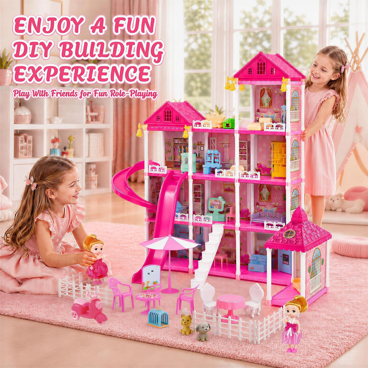 KLADNDER Casa de muñecas de 4 pisos con 11 habitaciones para niñas,...
