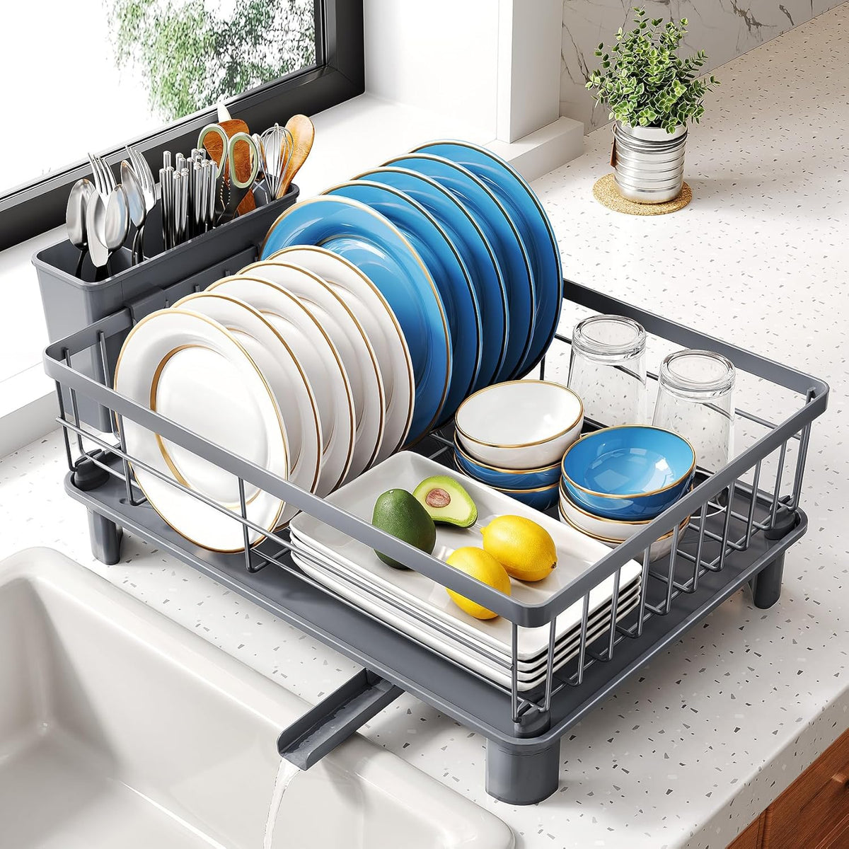SNTD Escurridor de platos para encimera de cocina pequeña, 11 pulga...