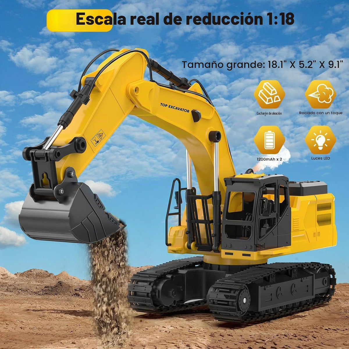 Juguete de excavadora RC de 18.1 pulgadas para niños, vehículo de c...