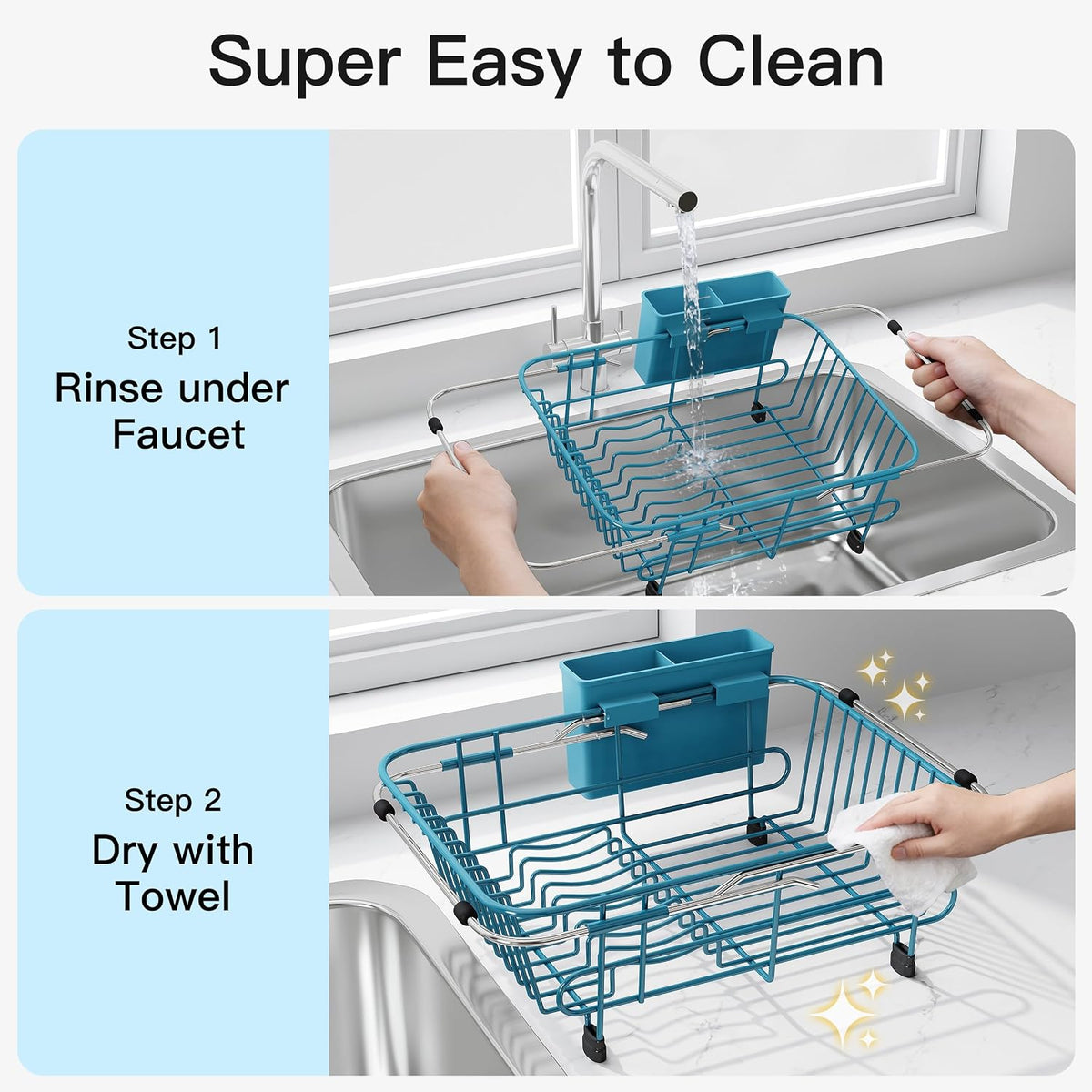 JASIWAY Escurridor de platos azul en fregadero con soporte para ute...
