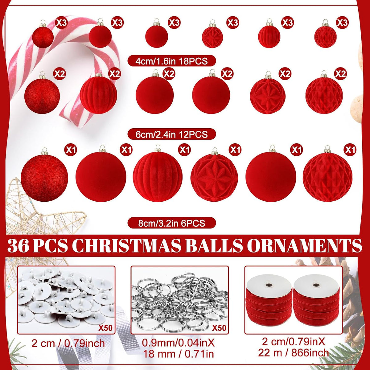Relaxgiant 36 bolas de Navidad para techo, terciopelo rojo | Tamaño...