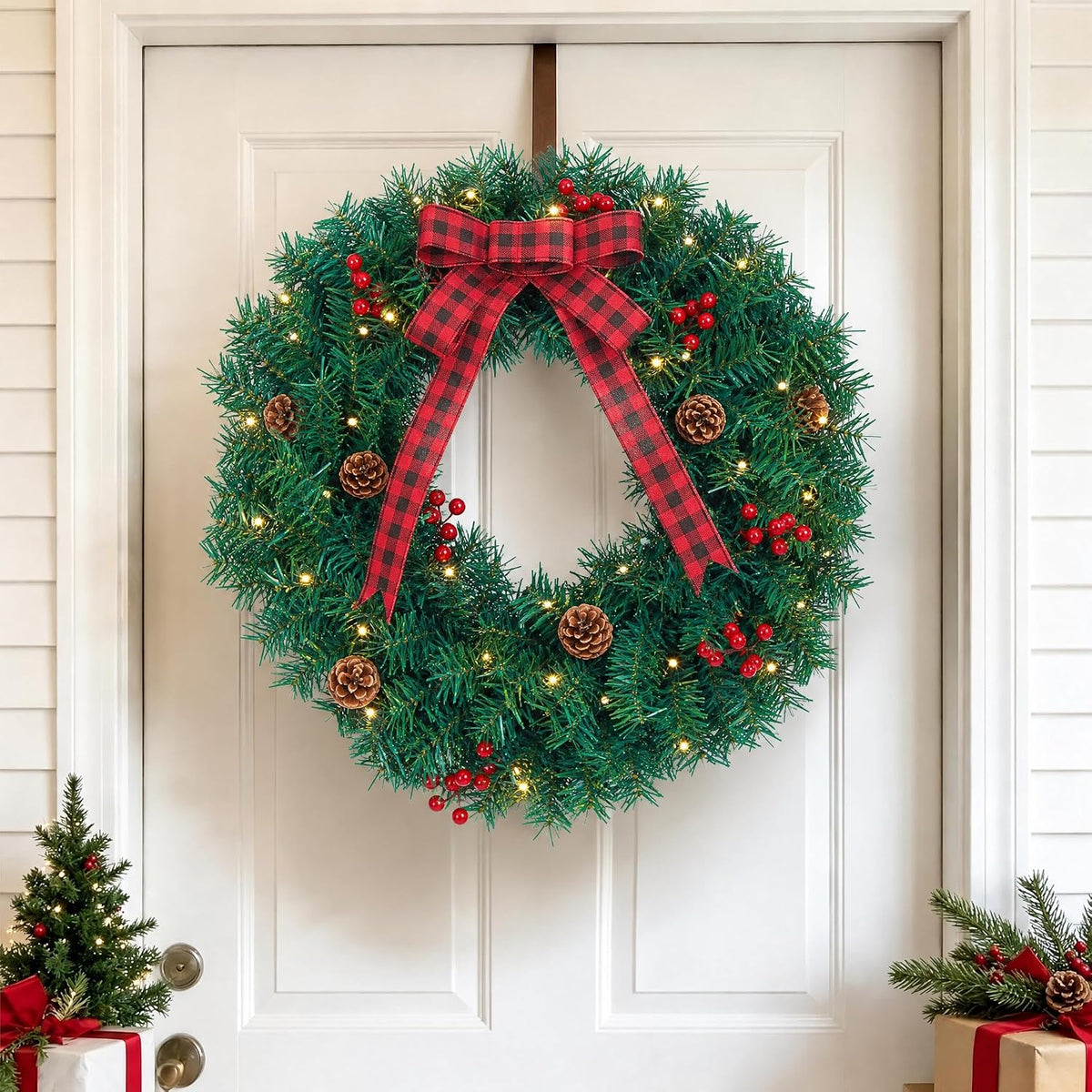Aptliton Corona de Navidad artificial preiluminada de 18 pulgadas p...