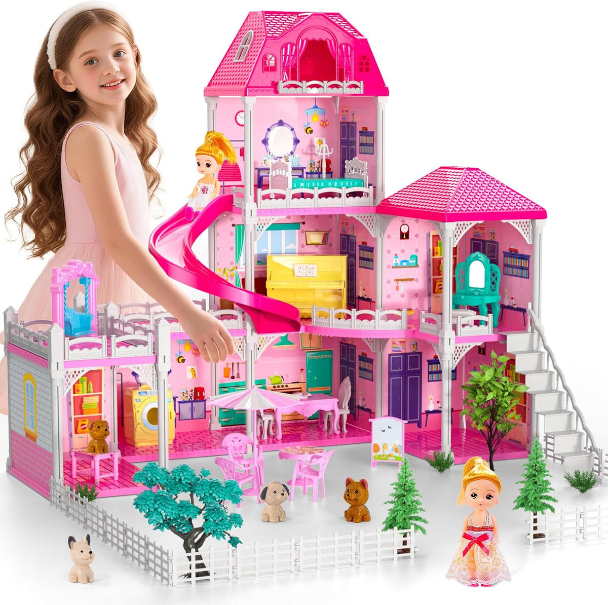 Doloowee Casa de muñecas DIY de 3 pisos con 7 habitaciones, mascota...