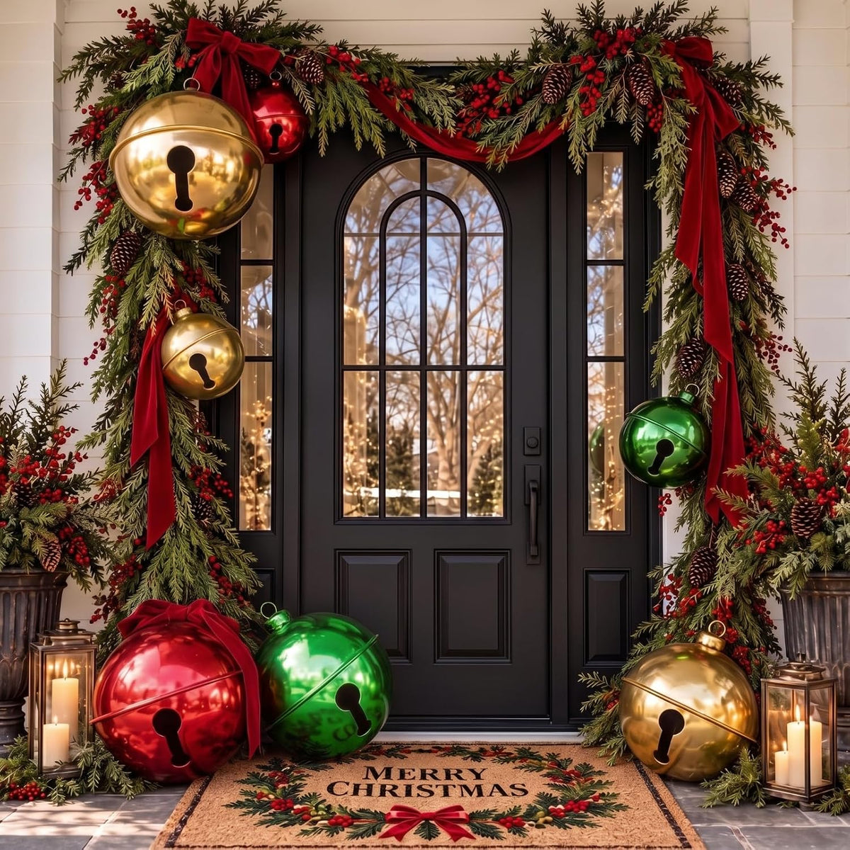 7 bolas inflables de Navidad con lazos de terciopelo, cascabeles gi...