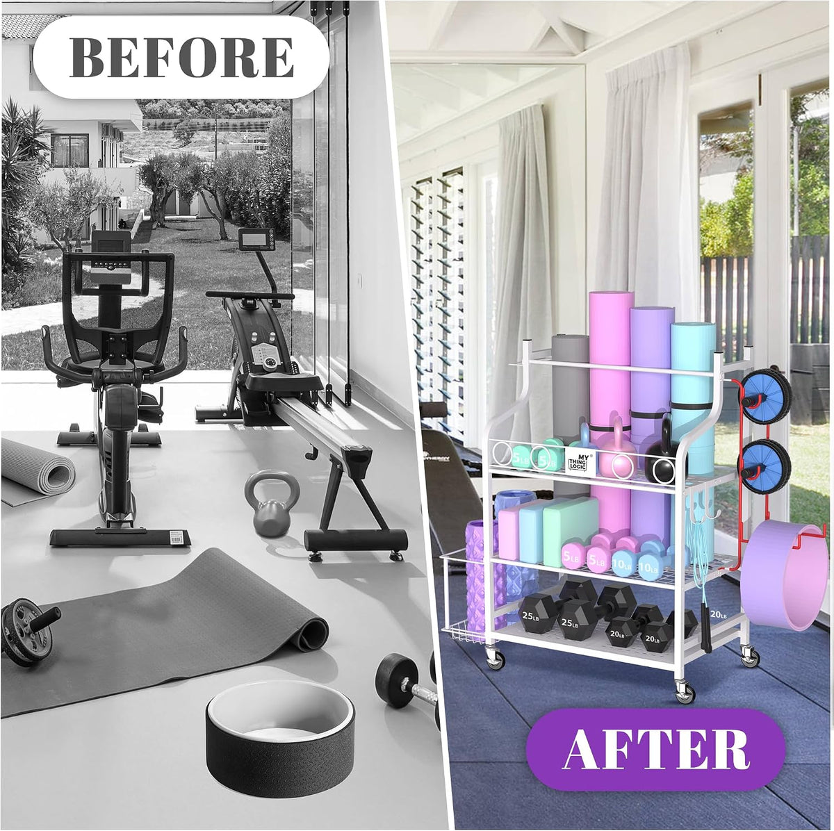 Mythinglogic Estante de gimnasio en casa para mancuernas, esterilla...