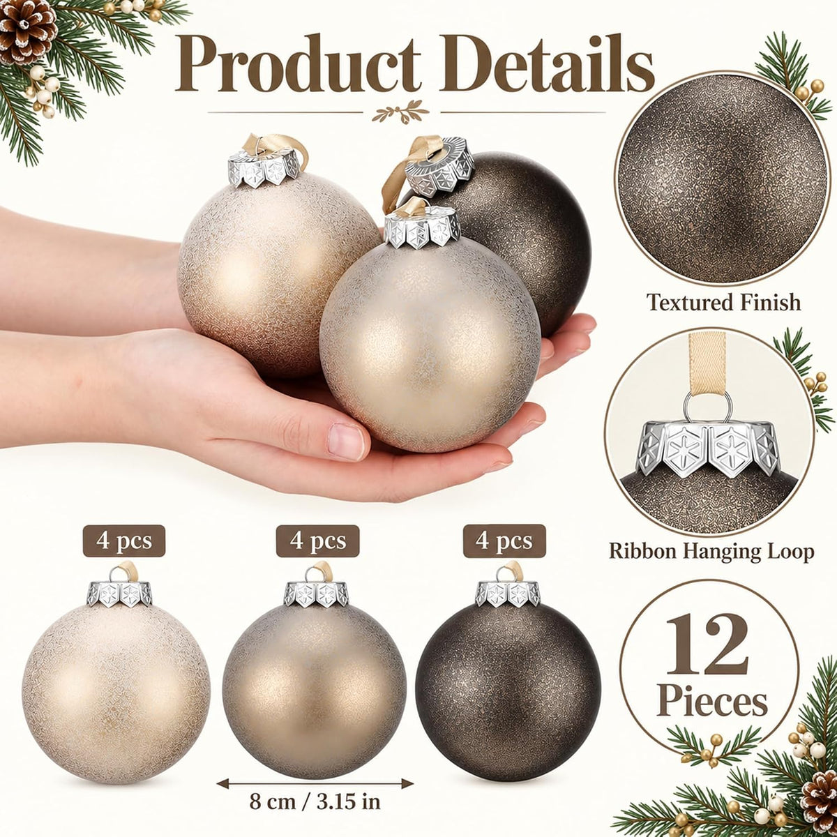 Yunlly - 12 adornos de Navidad neutros 2026, bronce champán dorado...