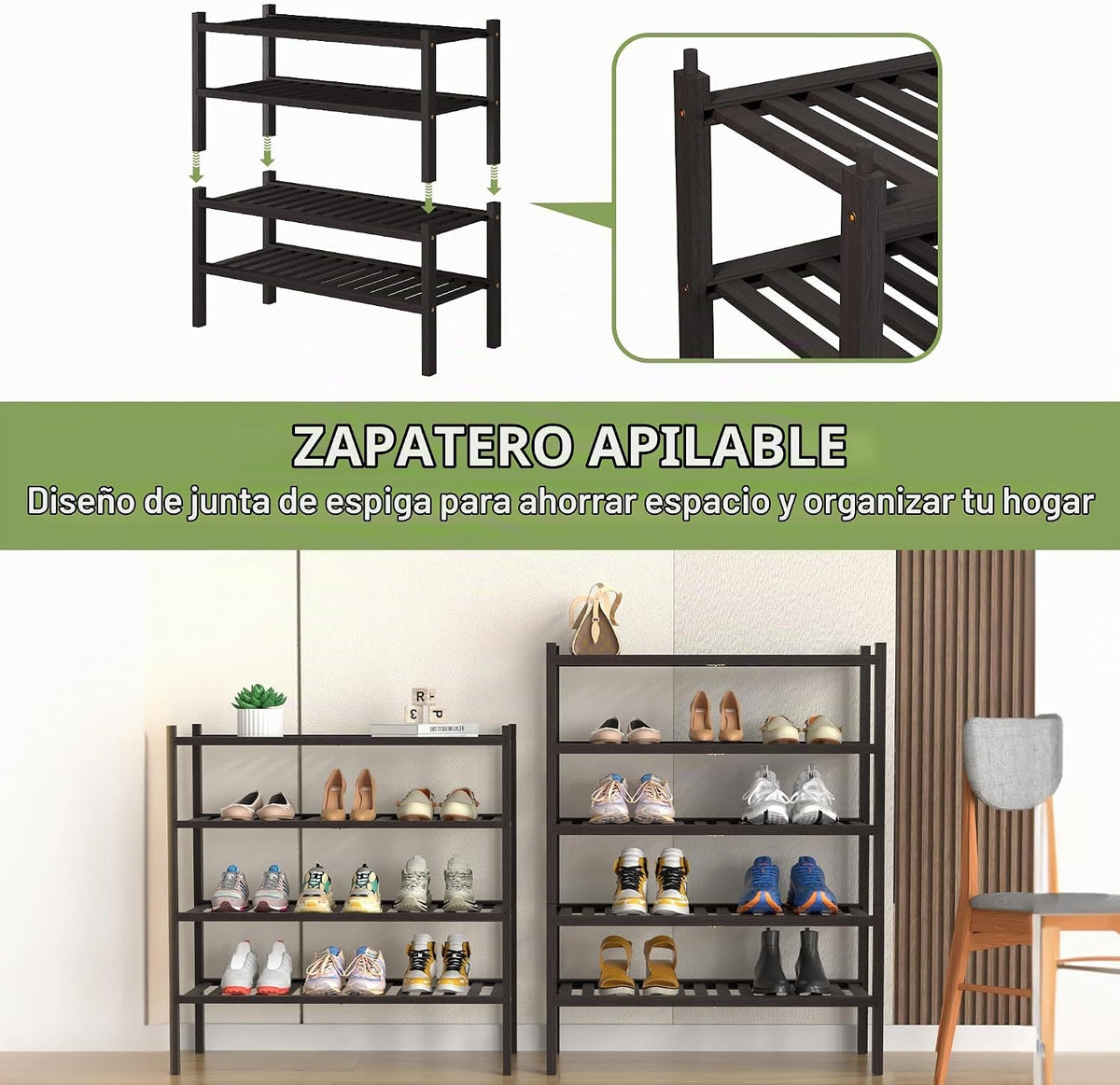 ROMGUAR CRAFT Zapatero de bambú de 4 niveles (grueso) para armario,...